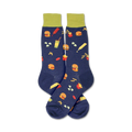 Flatlay image showing a pair of navy blue 'Burger' socks with lime green cuffs.