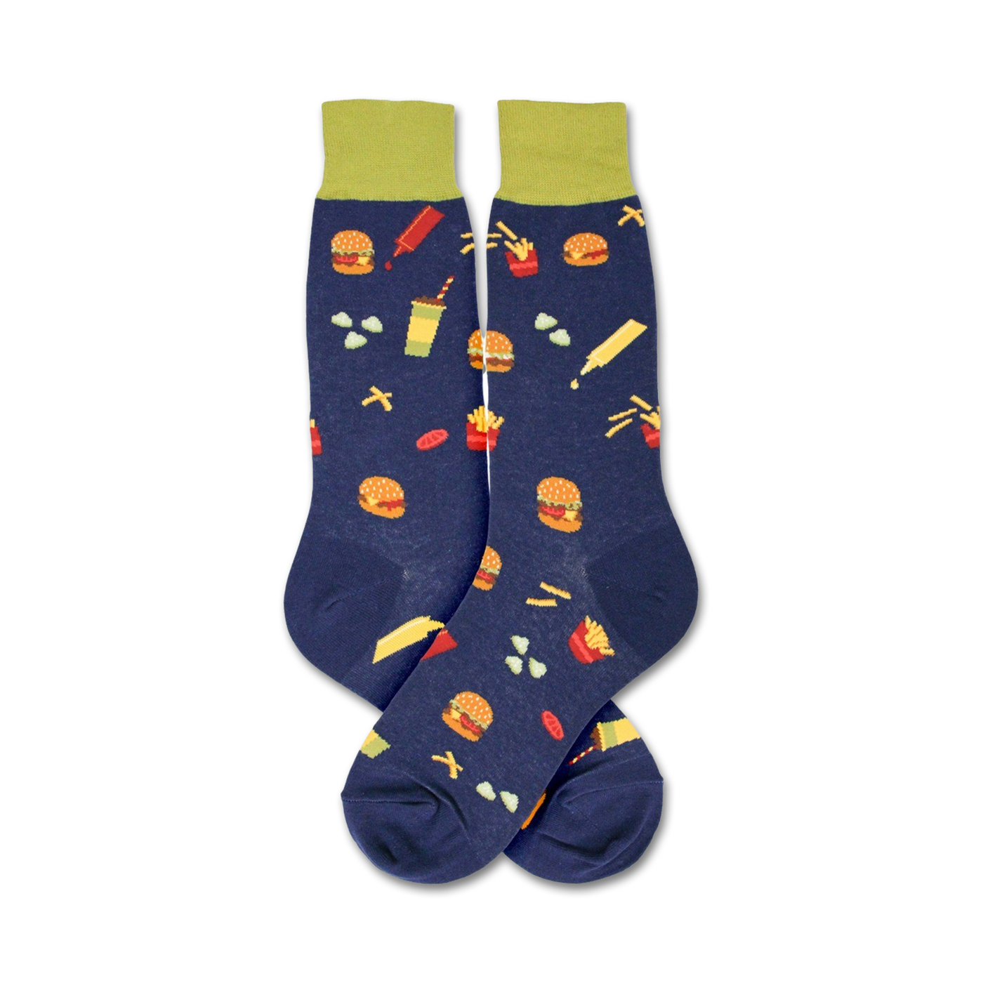 Flatlay image showing a pair of navy blue 'Burger' socks with lime green cuffs.