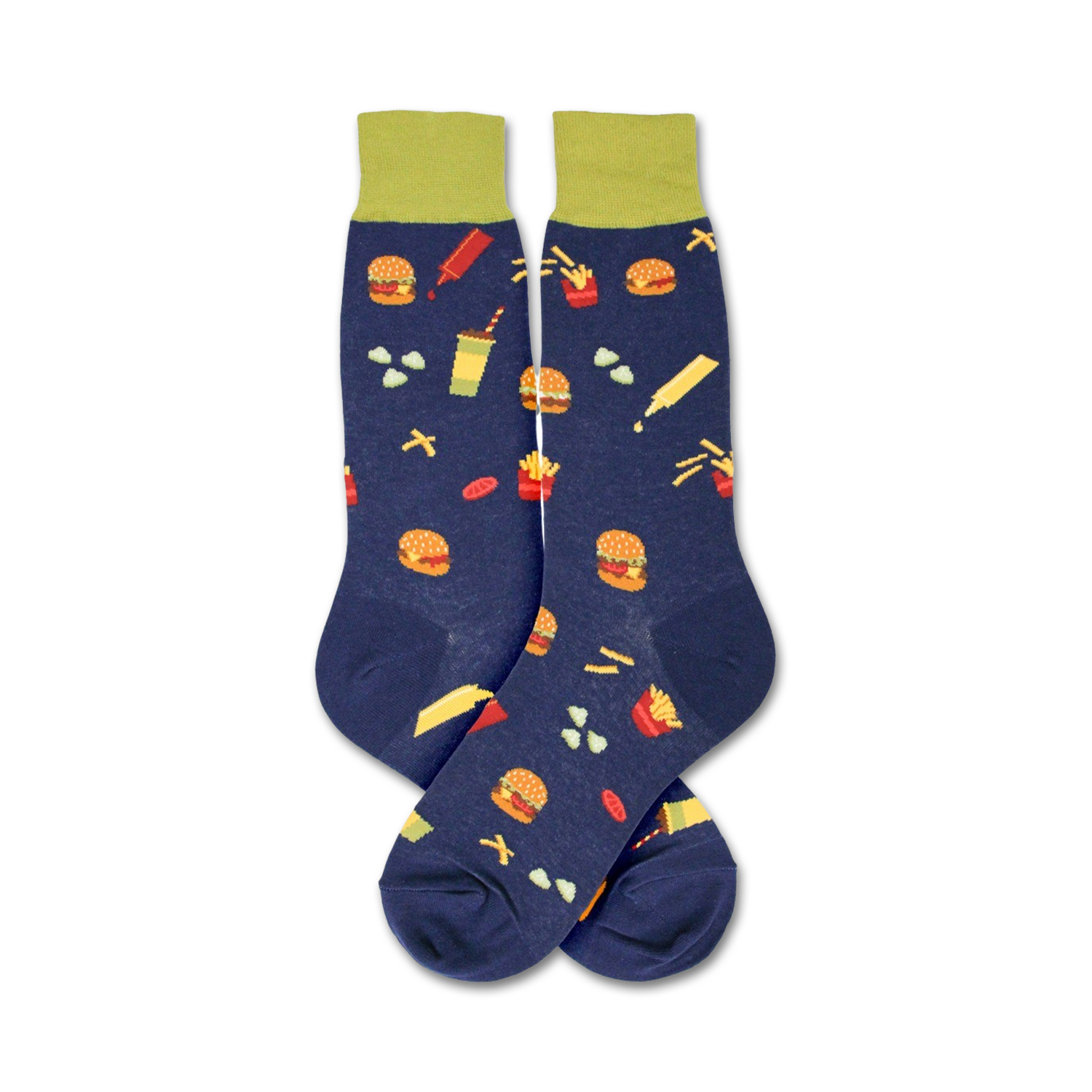 Flatlay image showing a pair of navy blue 'Burger' socks with lime green cuffs.