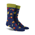 Pair of navy blue crew socks with a fun burger, fries, and soda print.  Features a lime green cuff.