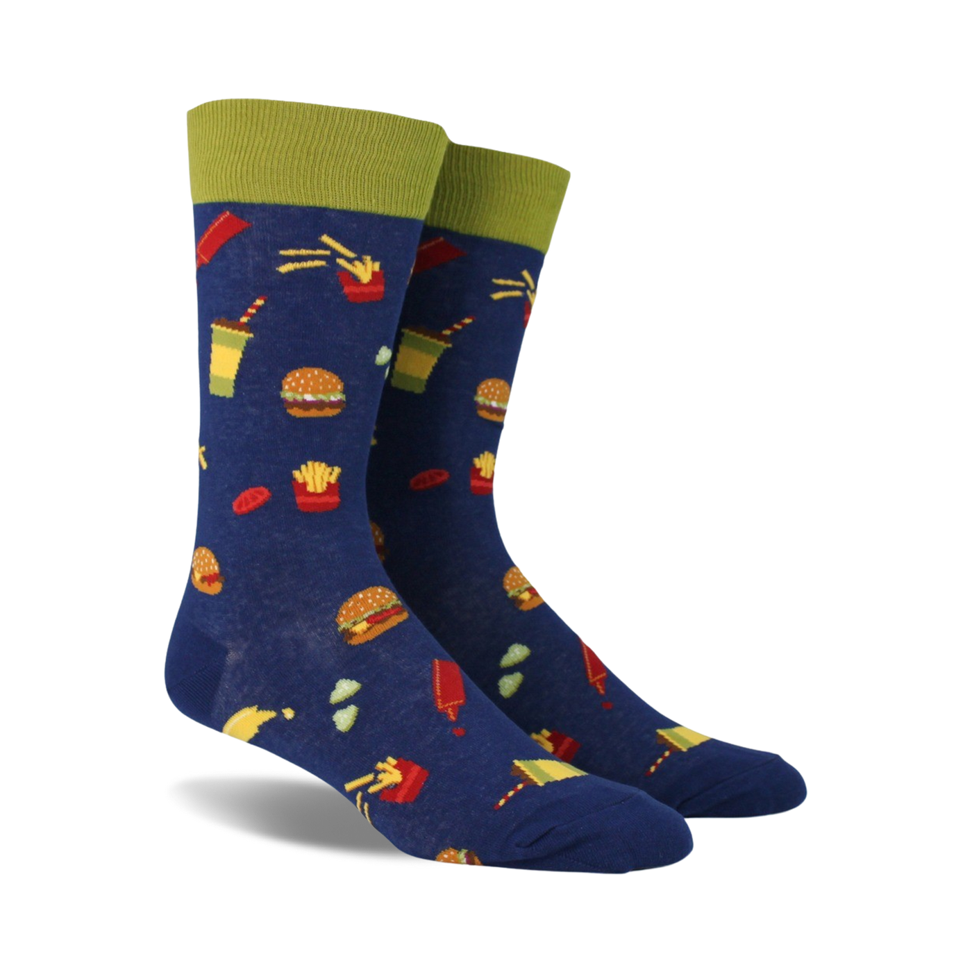 Pair of navy blue crew socks with a fun burger, fries, and soda print.  Features a lime green cuff.