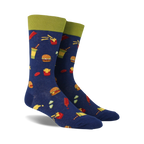Pair of navy blue crew socks with a fun burger, fries, and soda print.  Features a lime green cuff.
