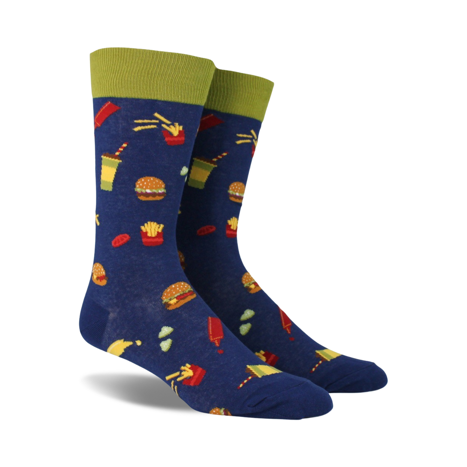 Pair of navy blue crew socks with a fun burger, fries, and soda print.  Features a lime green cuff.