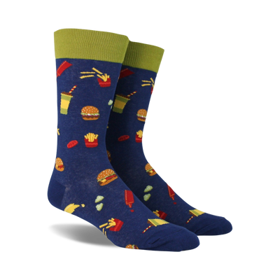 blue crew socks for men featuring a fun pattern of burgers, fries, ketchup, and mustard.  