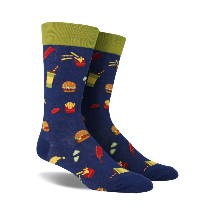 blue crew socks for men featuring a fun pattern of burgers, fries, ketchup, and mustard.  
