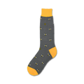 Single charcoal gray crew sock with yellow bees and honeycombs, yellow cuff, shown on white background.