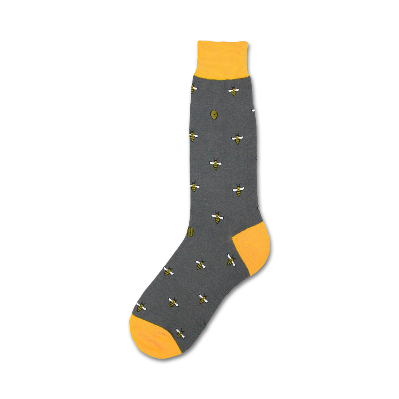Single charcoal gray crew sock with yellow bees and honeycombs, yellow cuff, shown on white background.