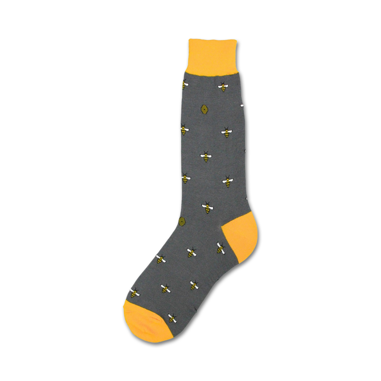 Single charcoal gray crew sock with yellow bees and honeycombs, yellow cuff, shown on white background.