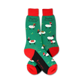 Flatlay showcasing a pair of green Christmas sheep socks with red and black accents.