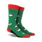 Pair of crew socks; green background with festive sheep wearing Santa hats; red and black accents; 'Baaaa humbug!' text.