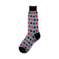 Grey crew socks with a repeating pattern of red hearts, black clubs, spades, and diamonds. Black toe and cuff.