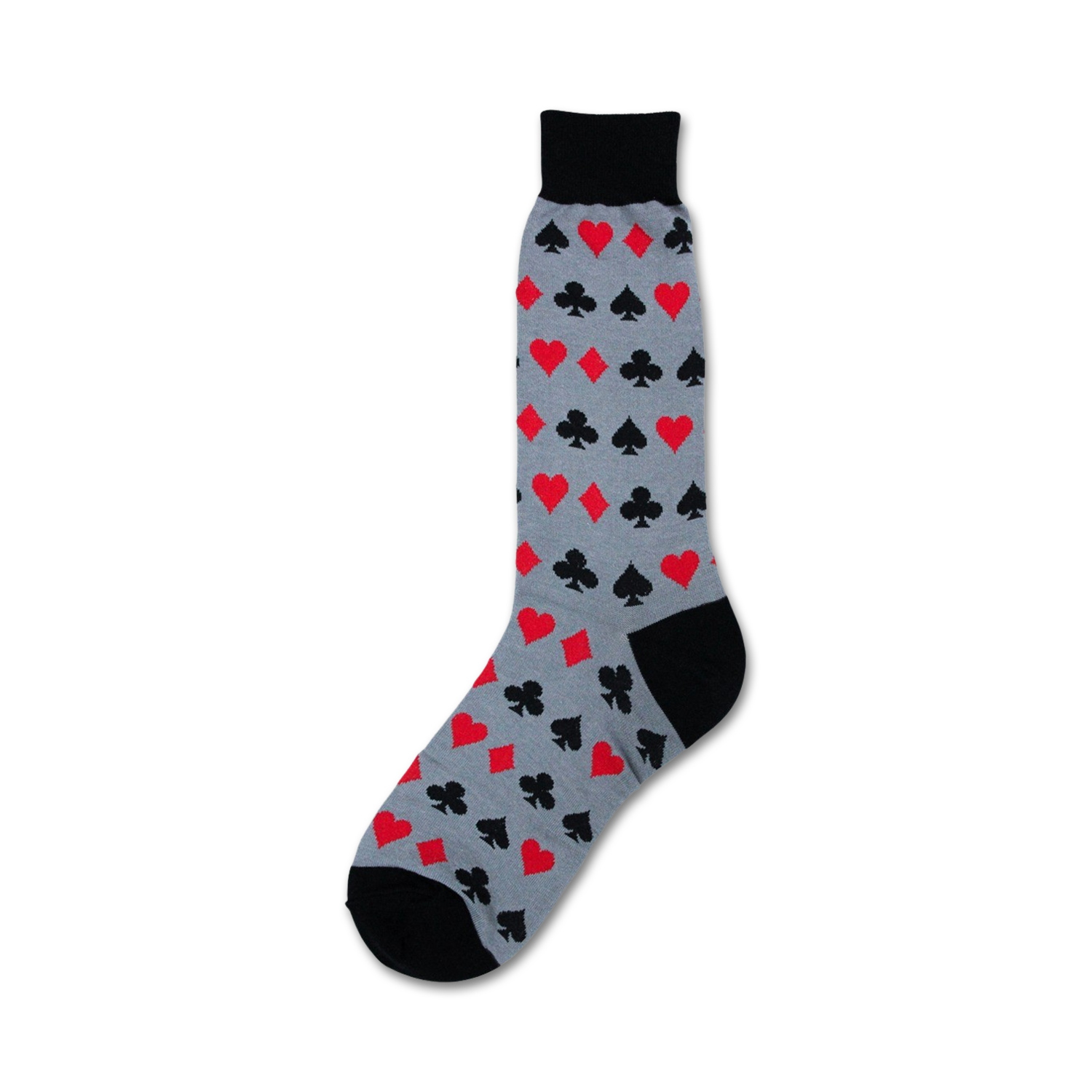Grey crew socks with a repeating pattern of red hearts, black clubs, spades, and diamonds. Black toe and cuff.