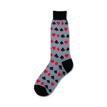 mens crew socks with a gray background and red and black card suit pattern.   