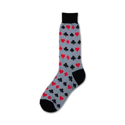 mens crew socks with a gray background and red and black card suit pattern.   