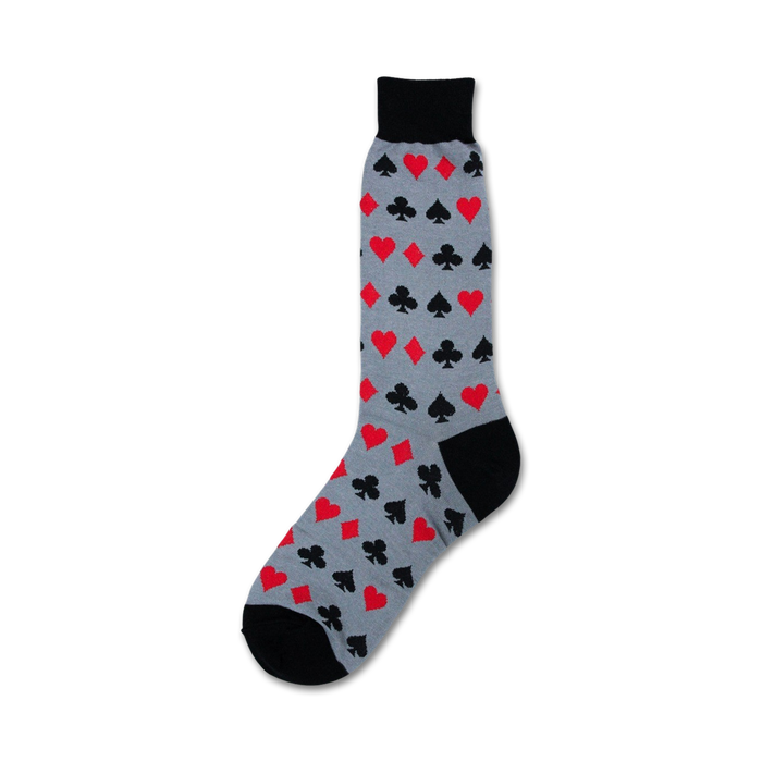 mens crew socks with a gray background and red and black card suit pattern.    }}
