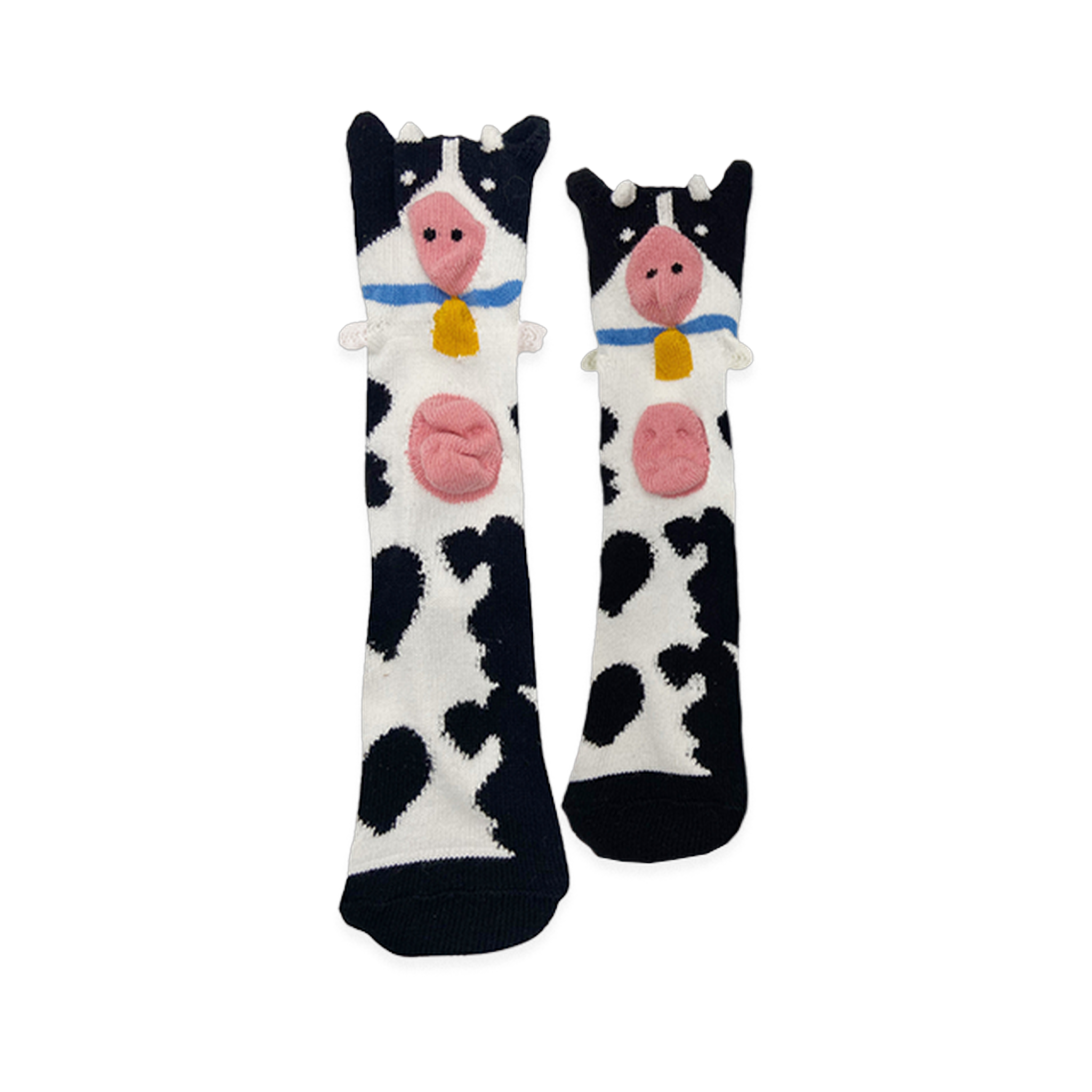 Black and white spotted socks with a cow face at the top, featuring a 3D pink snout, sticking-out ears, and a yellow bell.