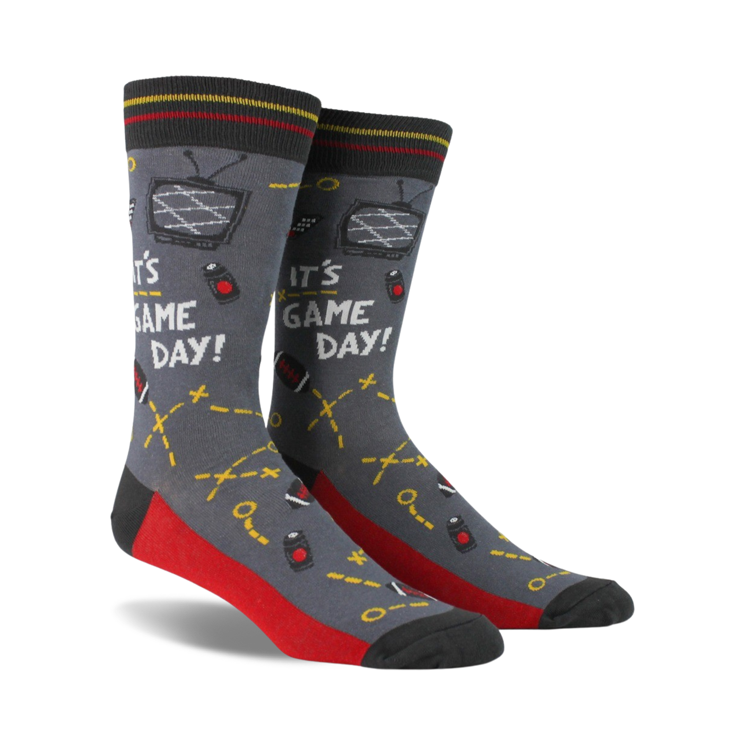 Pair of crew socks in gray, red, and navy blue. Design includes retro TV, game controllers, and the text 'It's Game Day!'