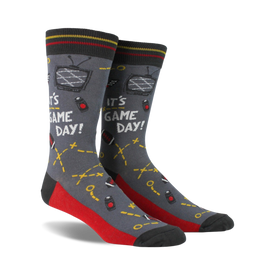 football field pattern socks in green with red end zones, pigskins, team plays, and "it's game day!"   