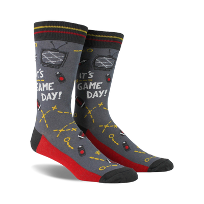 football field pattern socks in green with red end zones, pigskins, team plays, and "it's game day!"   