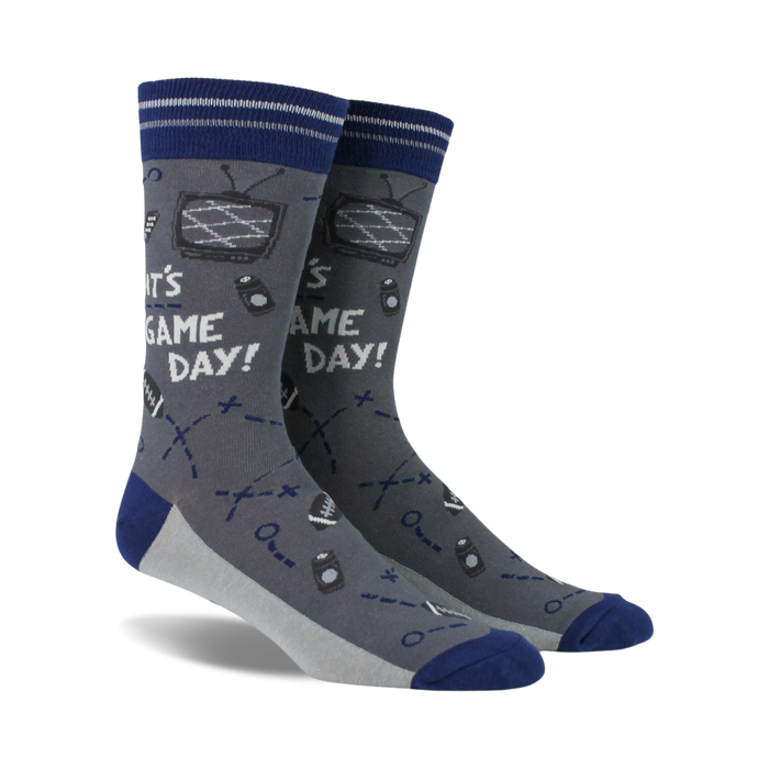 men's blue and black crew socks with footballs, playbooks, and televisions pattern.  