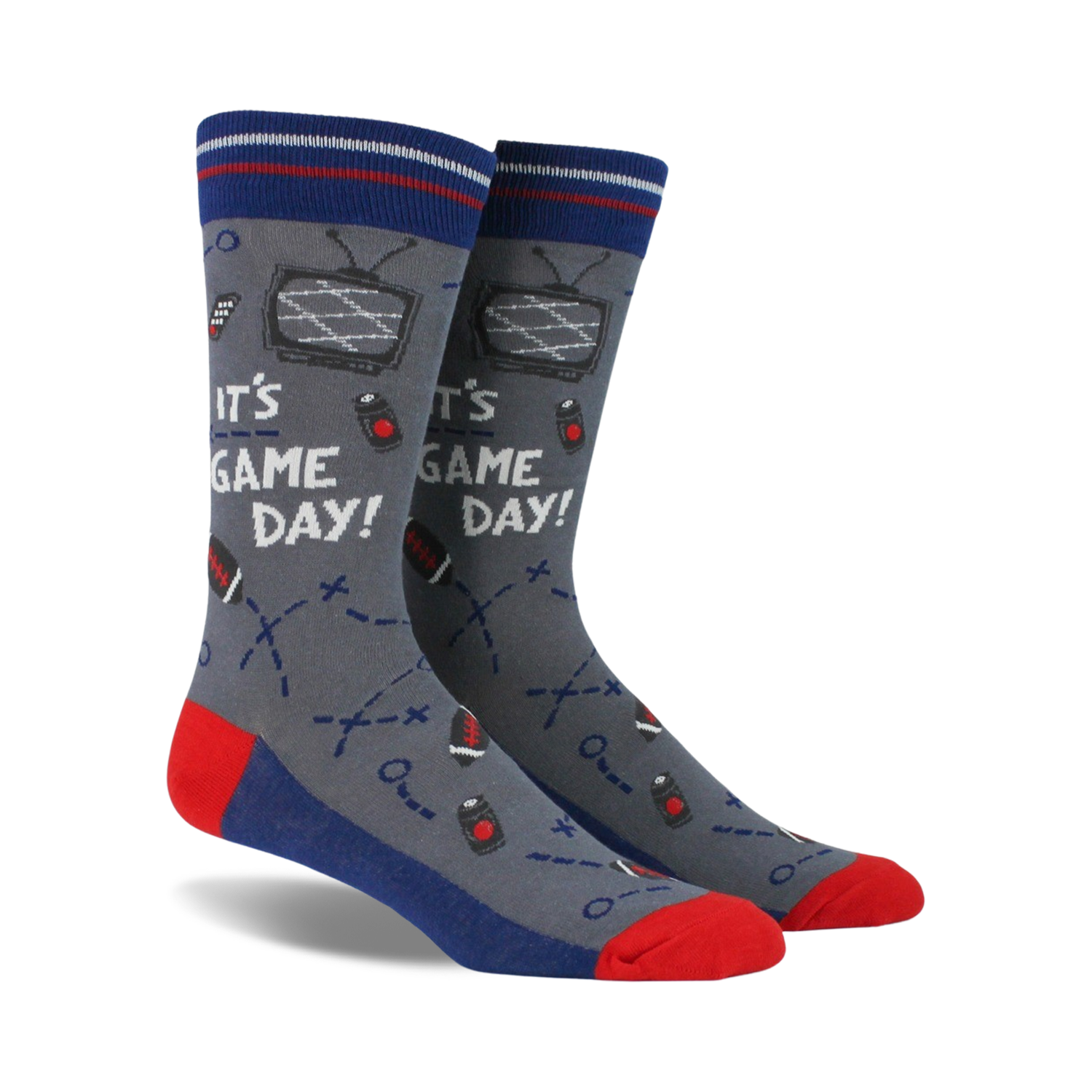 Flat lay product shot of the socks, emphasizing the detail and color of the design and the comfortable ribbed cuff.