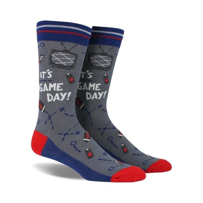 mens football crew socks: it's game day! pattern of footballs, beers, and tv remotes.   