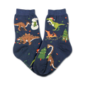 Pair of navy blue crew socks featuring a whimsical Christmas design with dinosaurs, snowmen, and Christmas trees.