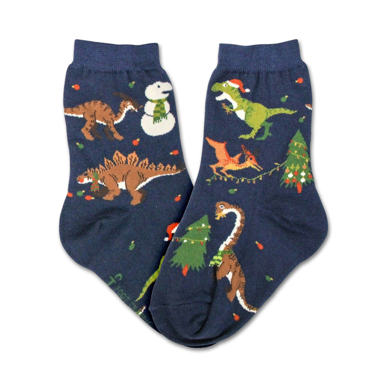 Pair of navy blue crew socks featuring a whimsical Christmas design with dinosaurs, snowmen, and Christmas trees.