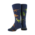 Back view of navy blue crew socks with a Christmas dinosaur pattern.