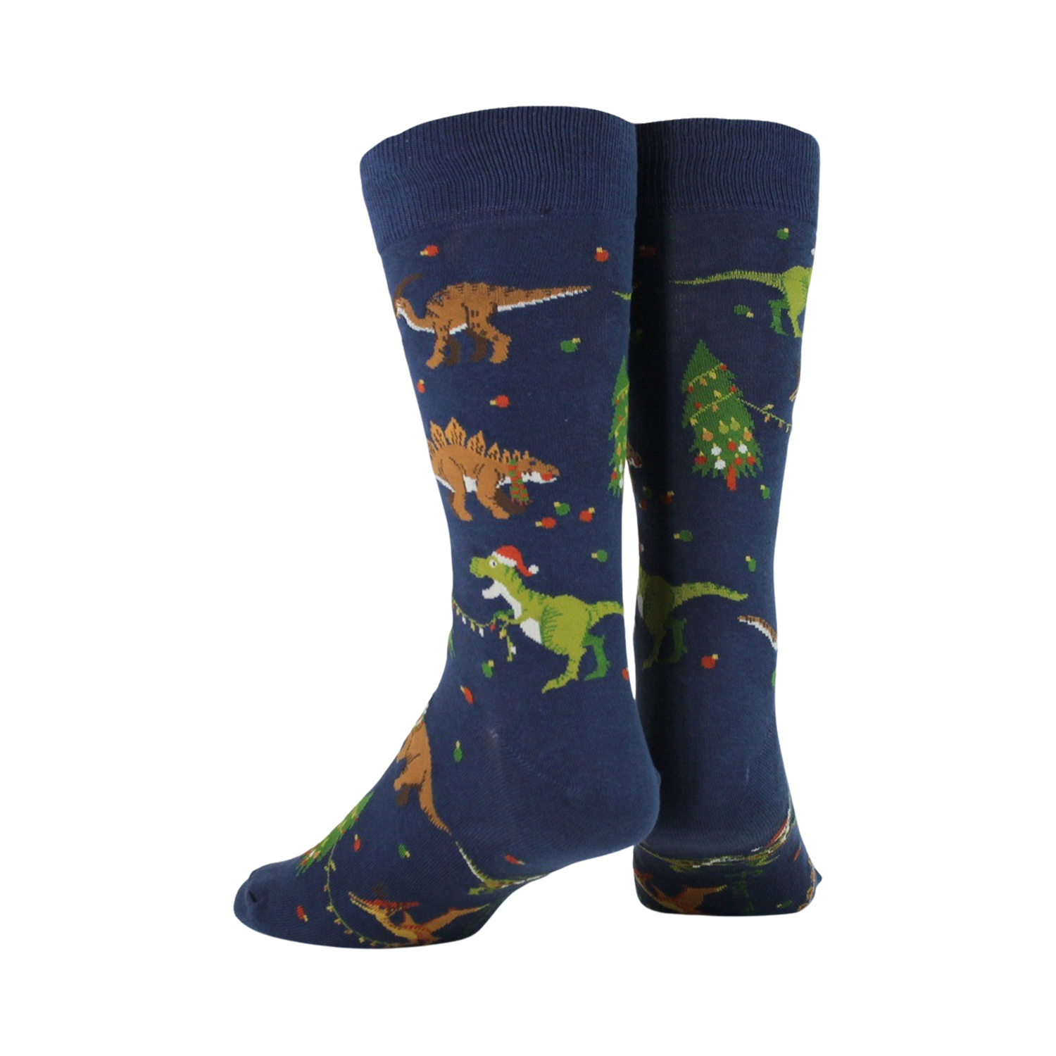 Back view of navy blue crew socks with a Christmas dinosaur pattern.
