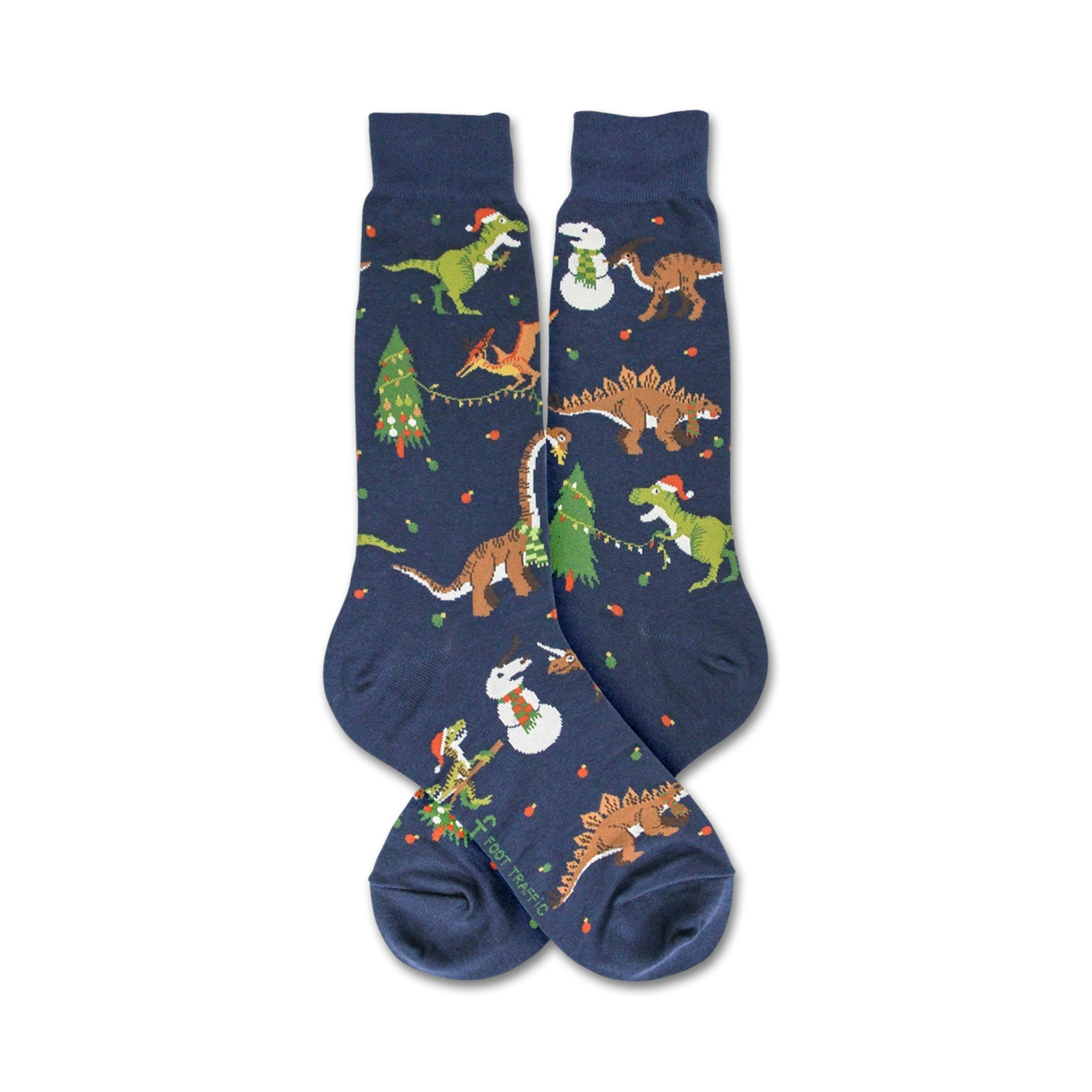 Flat lay showcasing the full design of the navy blue crew socks; Christmas dinosaurs and snowmen.