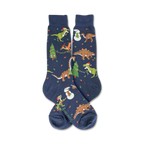 Flat lay showcasing the full design of the navy blue crew socks; Christmas dinosaurs and snowmen.