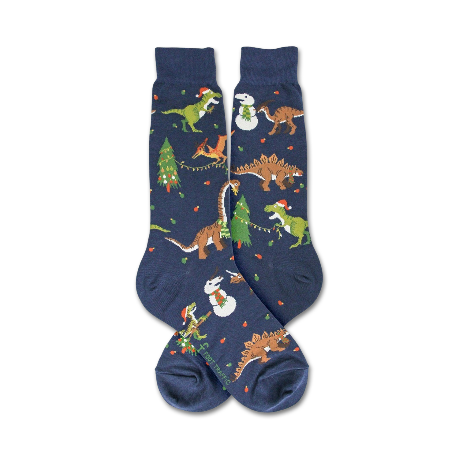 Flat lay showcasing the full design of the navy blue crew socks; Christmas dinosaurs and snowmen.