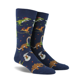 blue crew socks with christmas dinosaurs, snowmen, and trees for men  