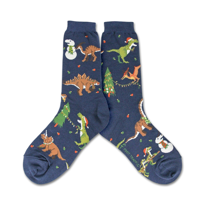 dinosaur socks for women with christmas trees and presents pattern in dark blue. tree rex theme.   }}