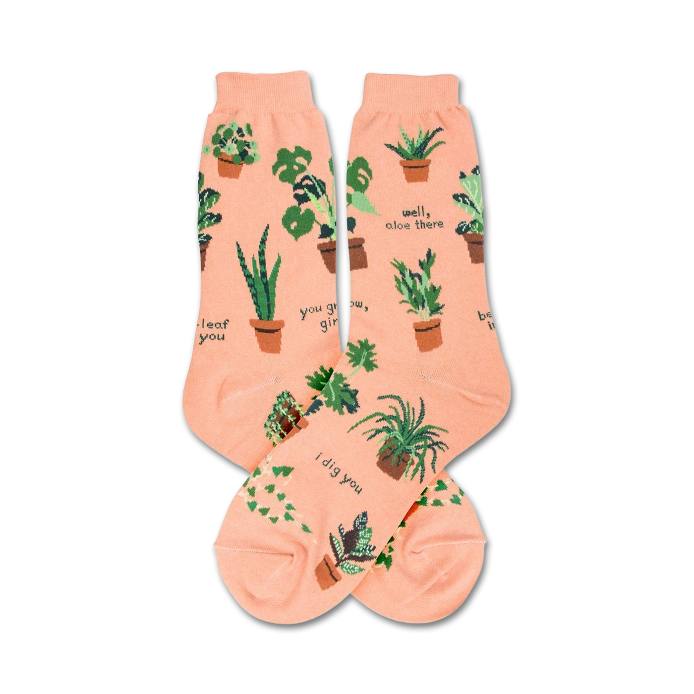 Flatlay image showing the Plant Lady socks, highlighting the details of the design and color.