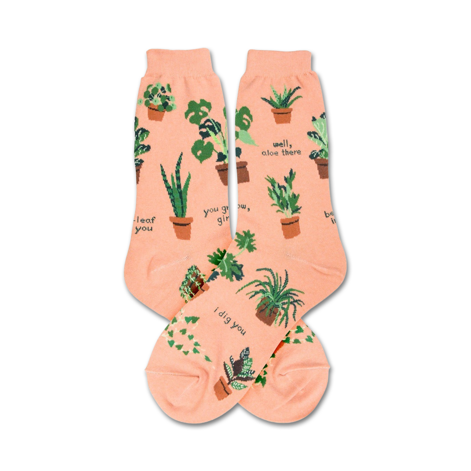 Flatlay image showing the Plant Lady socks, highlighting the details of the design and color.