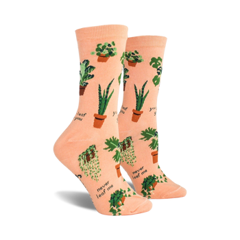 peachy crew socks with potted green plants for women.  