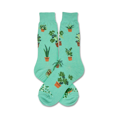 crew socks in light green feature various potted plants in different colored pots.   