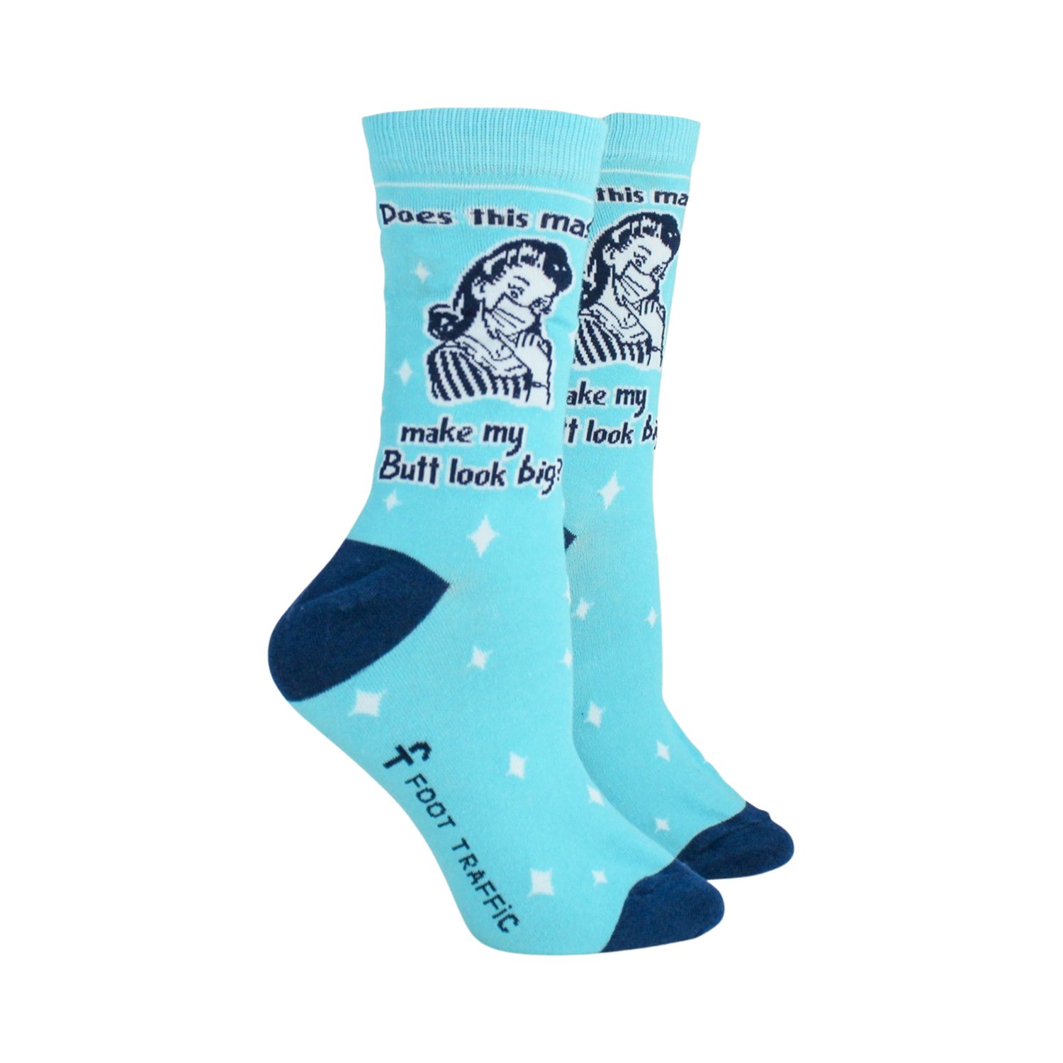 Close-up of a single light blue sock, showcasing the retro design and text. The Foot Traffic logo is also visible.