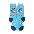 Pair of light blue crew socks with a retro woman design and text that says, "Does this mask make my butt look big?" and "How do I drink wine with this mask?"