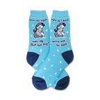 Pair of light blue crew socks with a retro woman design and text that says, "Does this mask make my butt look big?" and "How do I drink wine with this mask?"