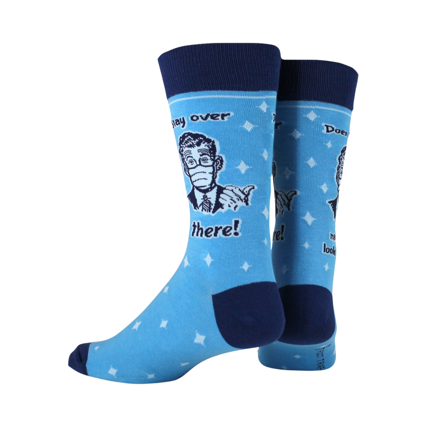 Back view of the socks highlighting the complete design and playful text.