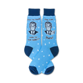Pair of light blue crew socks with a navy blue cuff.  The socks feature a retro-style illustration of a man in a mask and witty text.