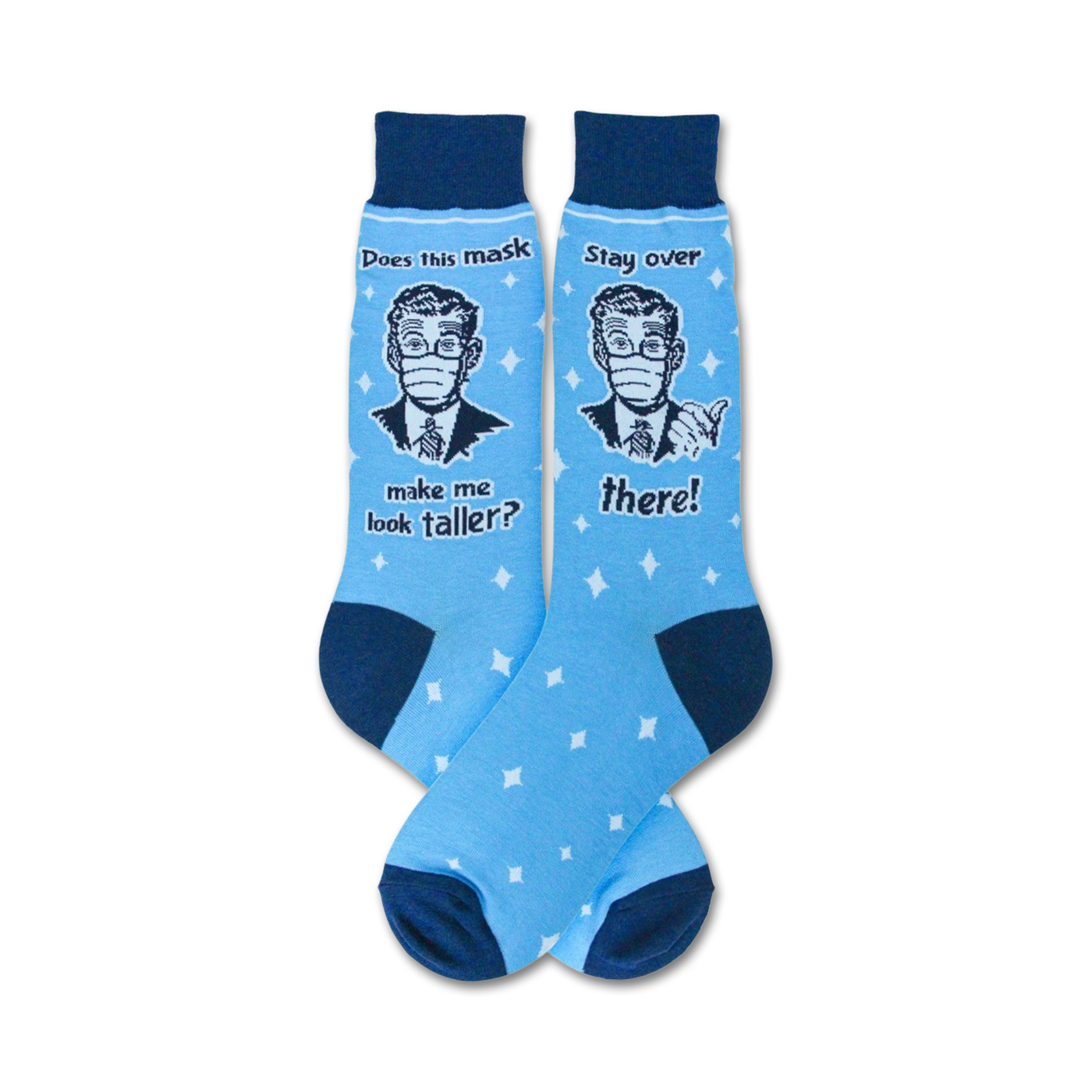 Pair of light blue crew socks with a navy blue cuff.  The socks feature a retro-style illustration of a man in a mask and witty text.