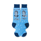 Pair of light blue crew socks with a navy blue cuff.  The socks feature a retro-style illustration of a man in a mask and witty text.