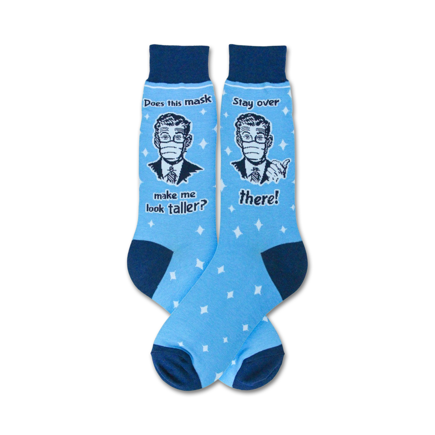 Pair of light blue crew socks with a navy blue cuff.  The socks feature a retro-style illustration of a man in a mask and witty text.