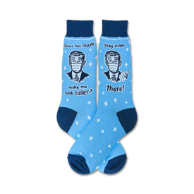 blue men's crew socks with white stars and 'does this mask make me look taller' phrase inspired by quarantine.   