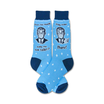 blue men's crew socks with white stars and 'does this mask make me look taller' phrase inspired by quarantine.   