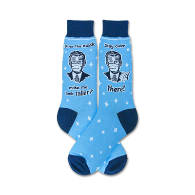 blue men's crew socks with white stars and 'does this mask make me look taller' phrase inspired by quarantine.   